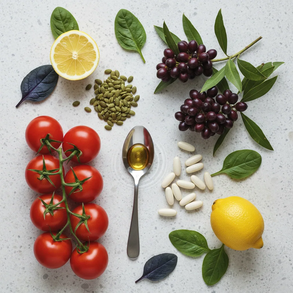 Flat-lay of saw palmetto berries, tomatoes, pumpkin seeds and vitamin E oil - key ingredients in Alpha Drive