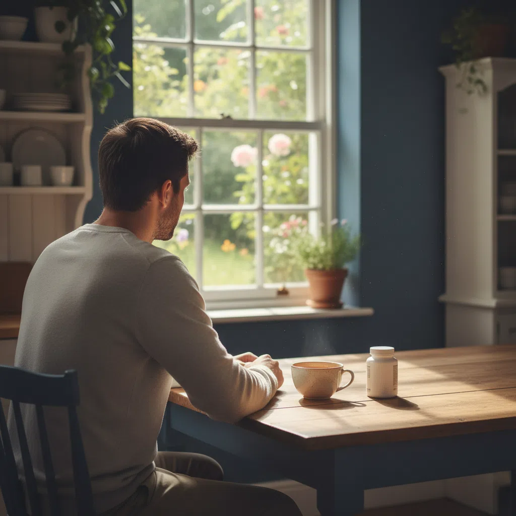 Anonymous man looking out of a kitchen window, supplement bottle on the table - everyday wellness routine