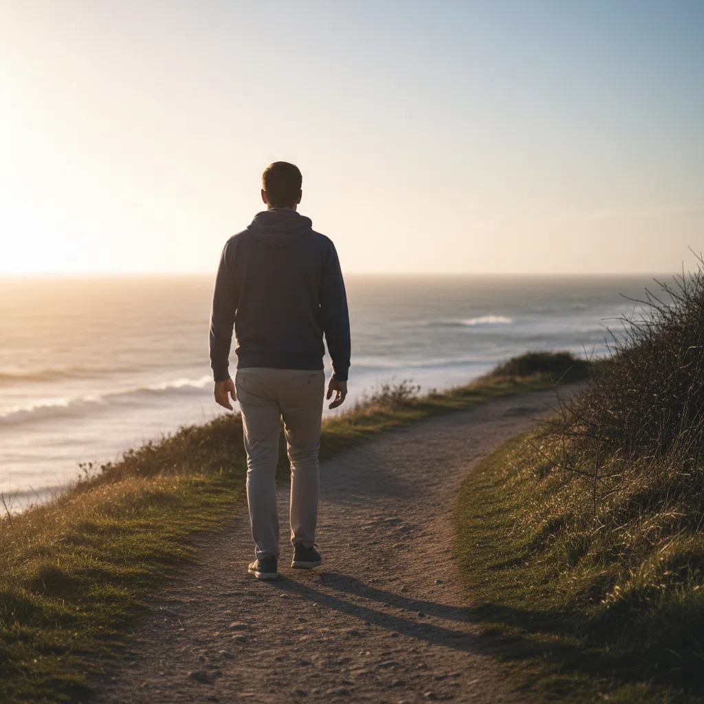 Anonymous man walking along a sunlit coastal path in England - men's wellness after 50