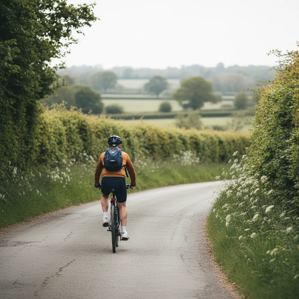 Anonymous man cycling on a quiet country lane in green English countryside - active men's wellness after 50